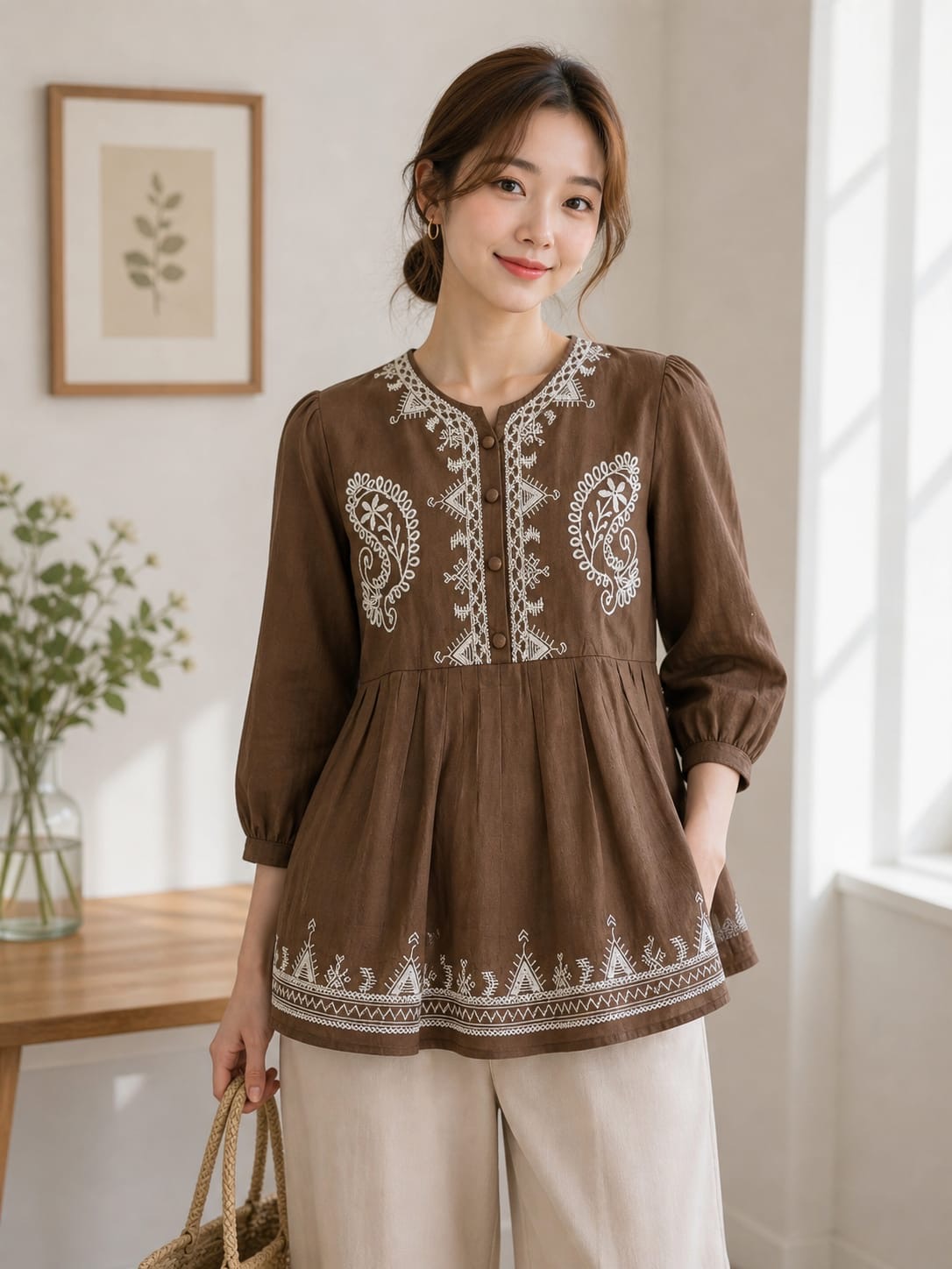 Embroidered Paisley Flared Tunic Top