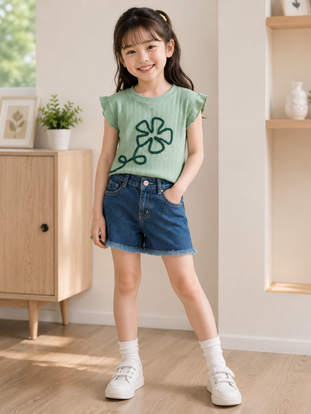 Floral Breeze Kids Top & Denim Shorts Set