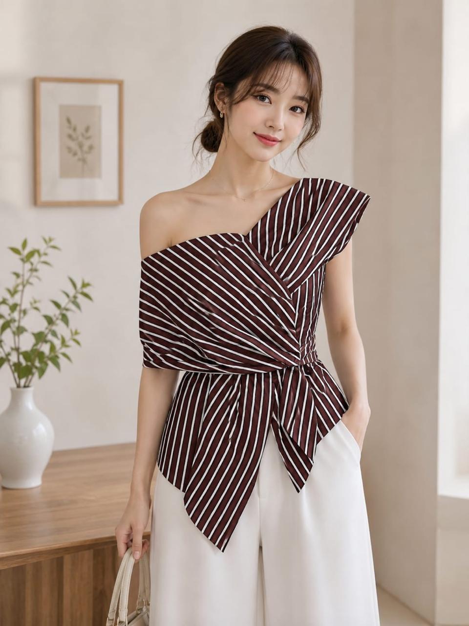 Asymmetric Striped One-Shoulder Wrap Top