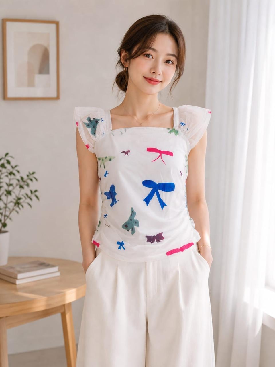 Playful Bow Print Flutter Sleeve Top