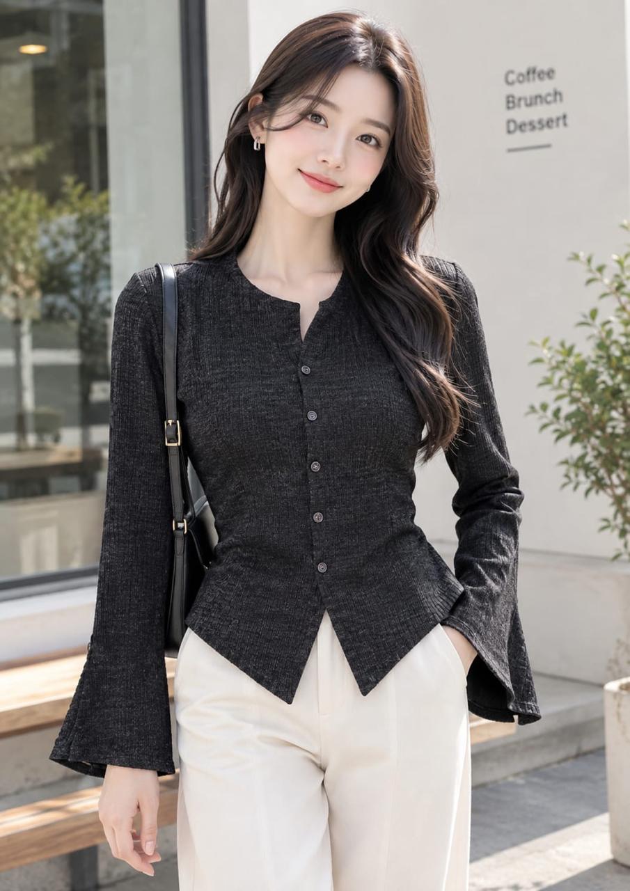 Women's Textured Button-Front Flared Sleeve Top