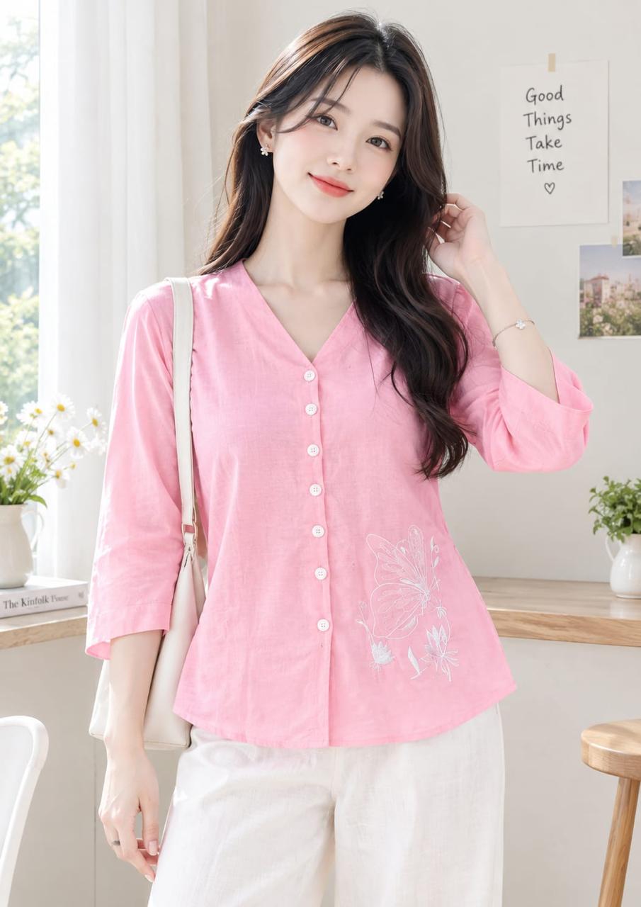 Women's Butterfly Embroidered Button-Front V-N
