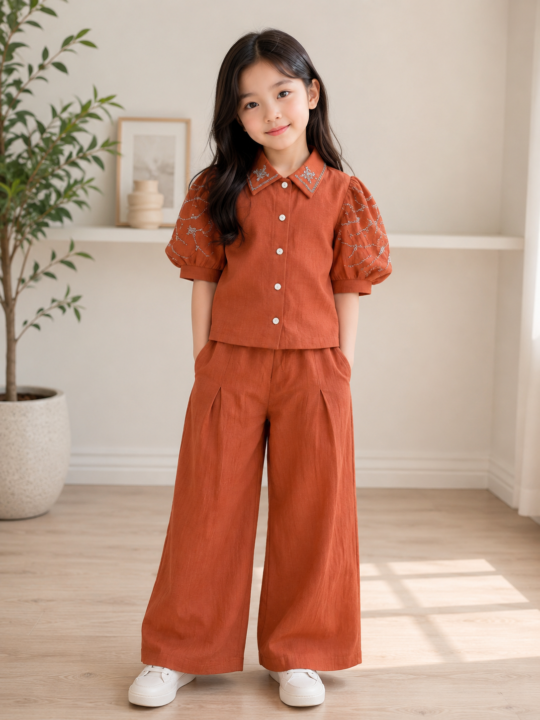 Embroidered Puff Sleeve Co-Ord Set