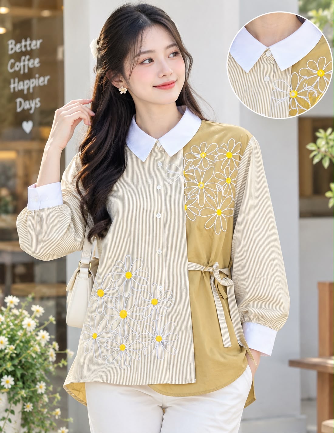 Floral Embroidered Collared Tunic Top