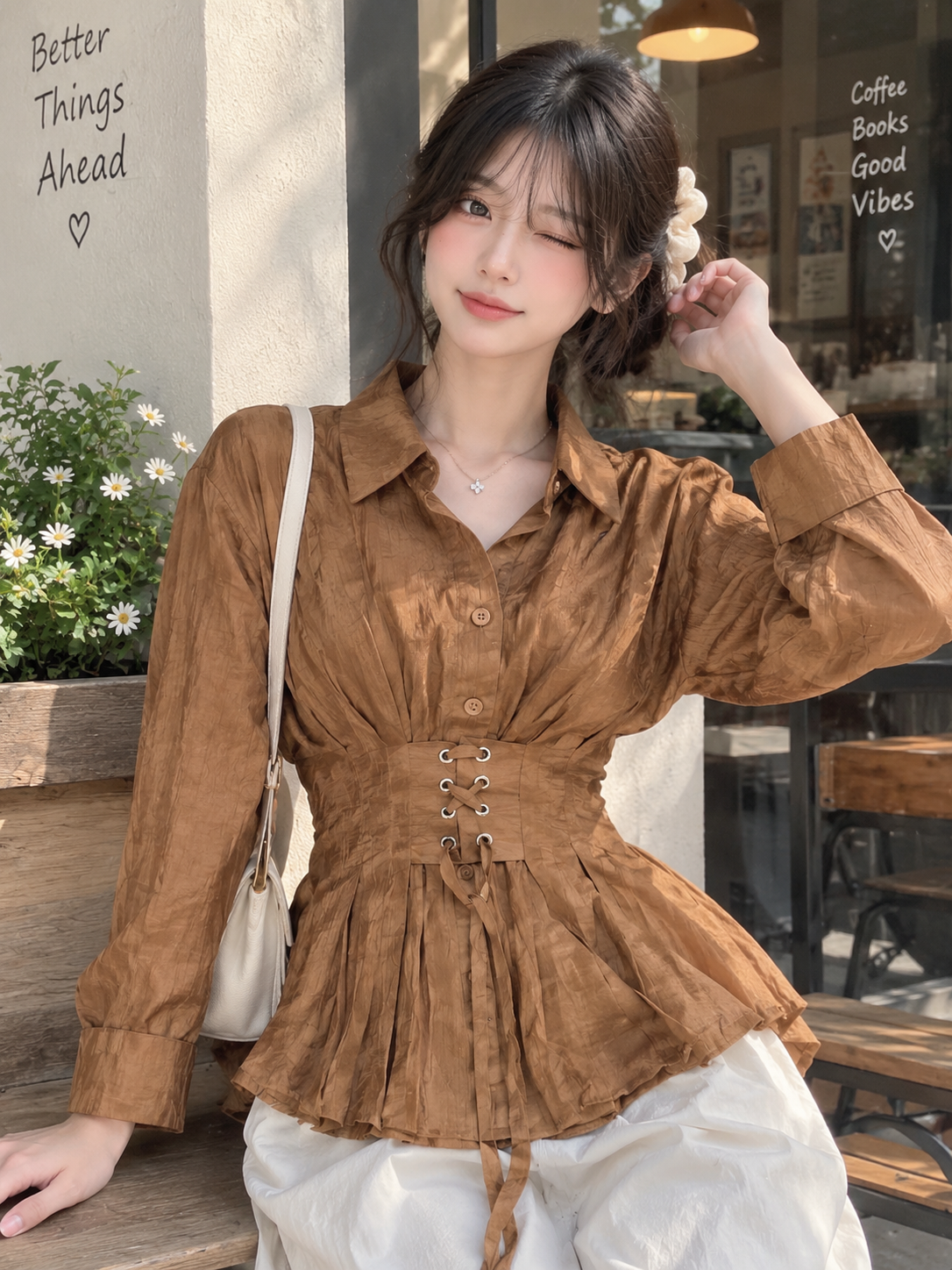 Korean Caramel Lace-Up Waist Shirt