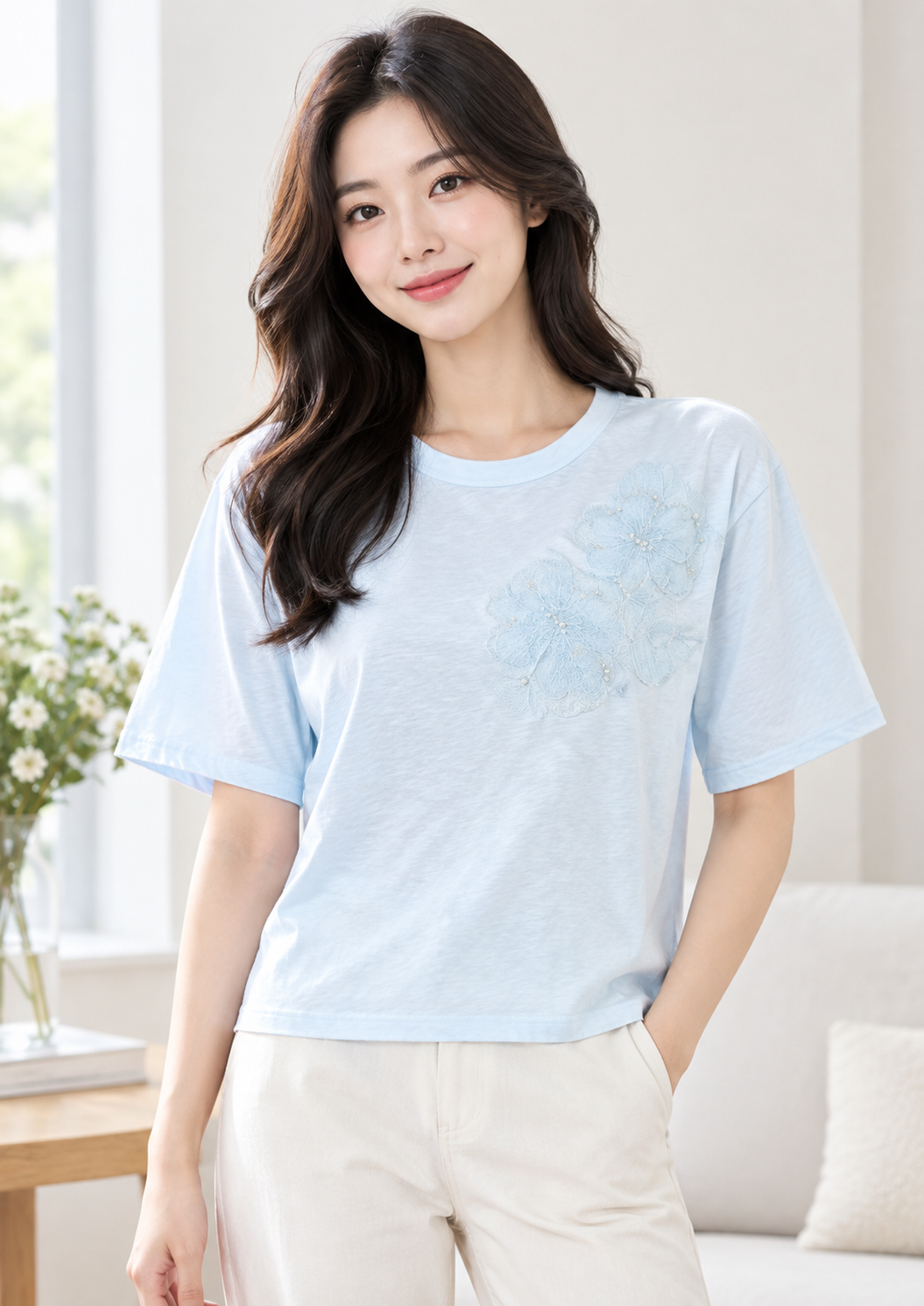 Floral Charm Embroidered T-Shirt