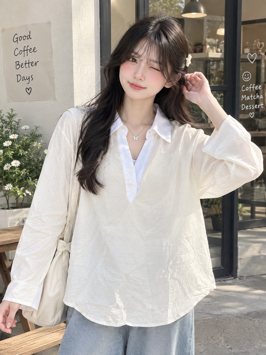 Korean Ivory Contrast Collar Shirt