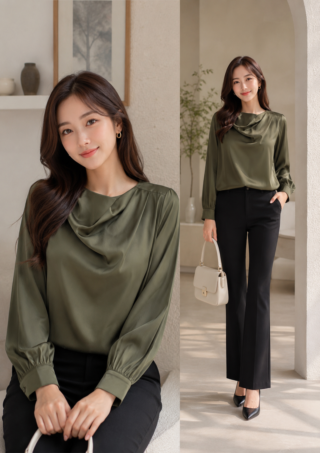 Olive Luxe Cowl Neck Satin Top