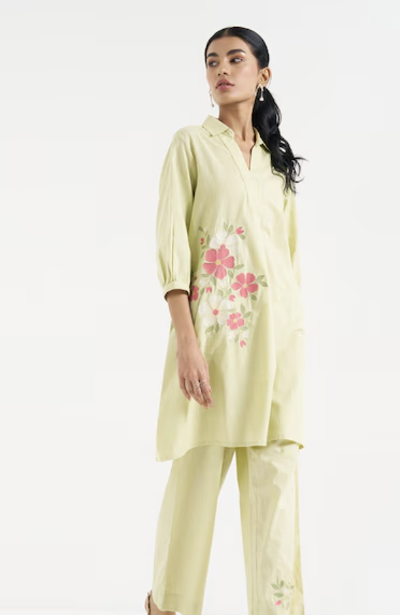 Light Green Floral Embroidered Colla Kurta & Elasticated Pants Ethnic Work wear Set