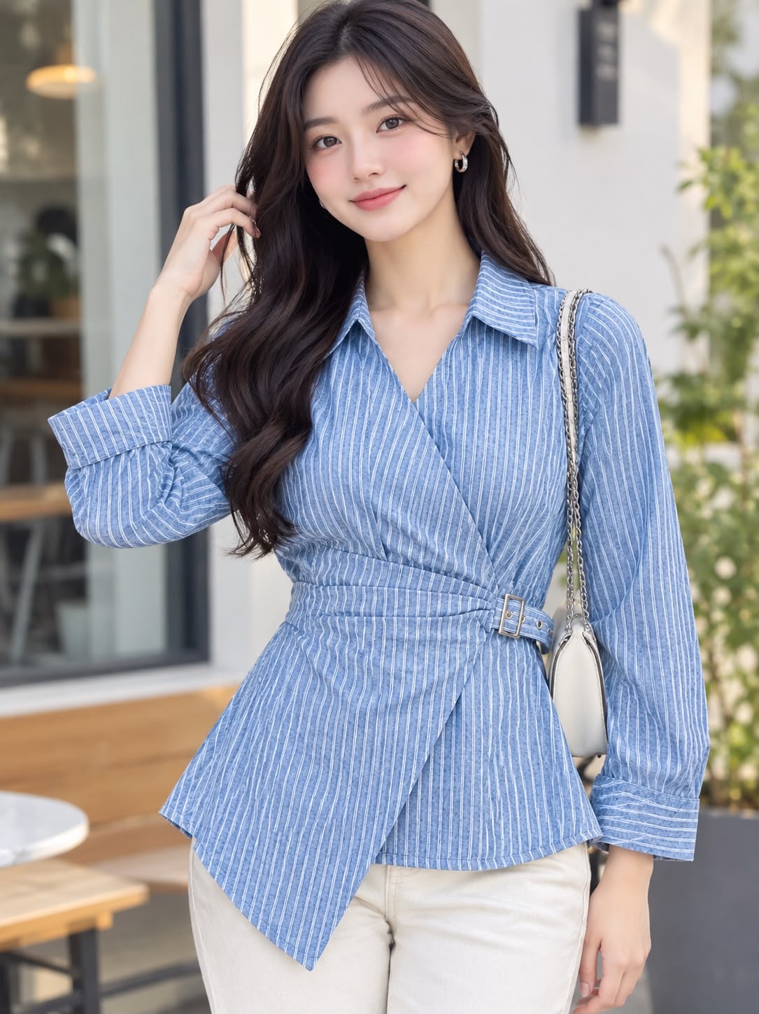 Striped Wrap Belted Top