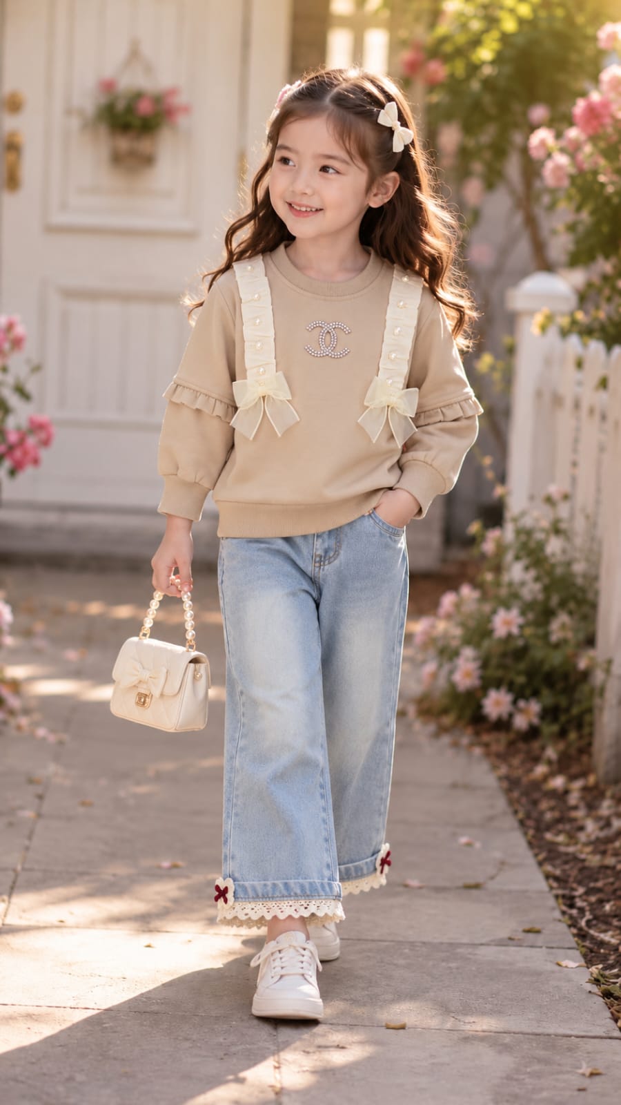 Elegant Bow Pearl Sweatshirt Set