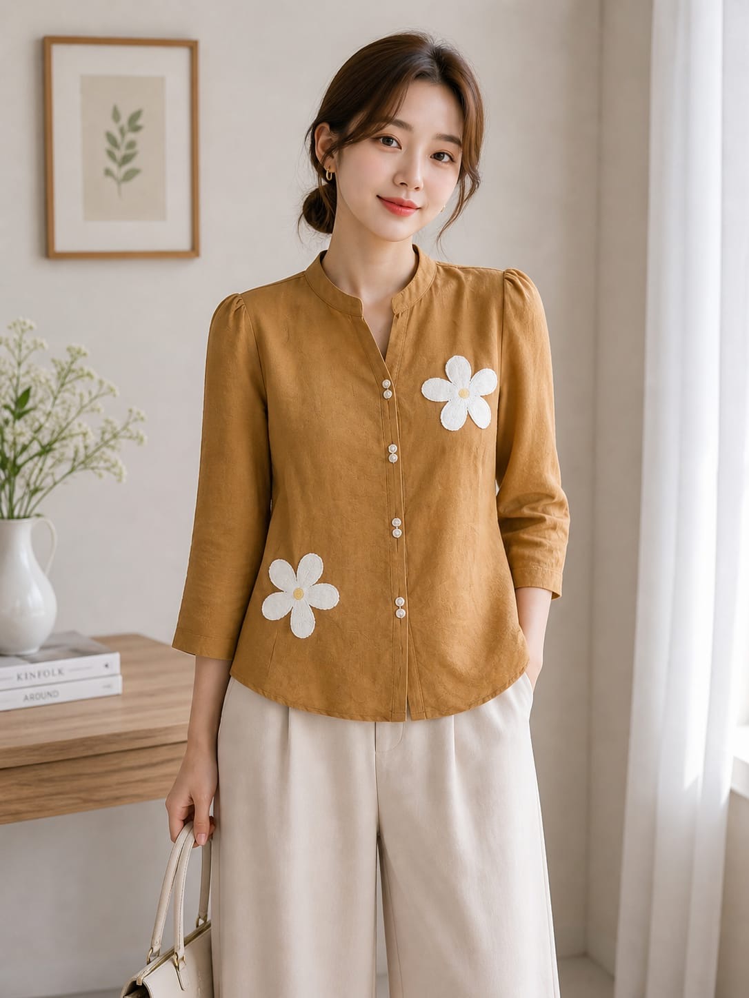 Daisy Appliqué Button-Down Blouse