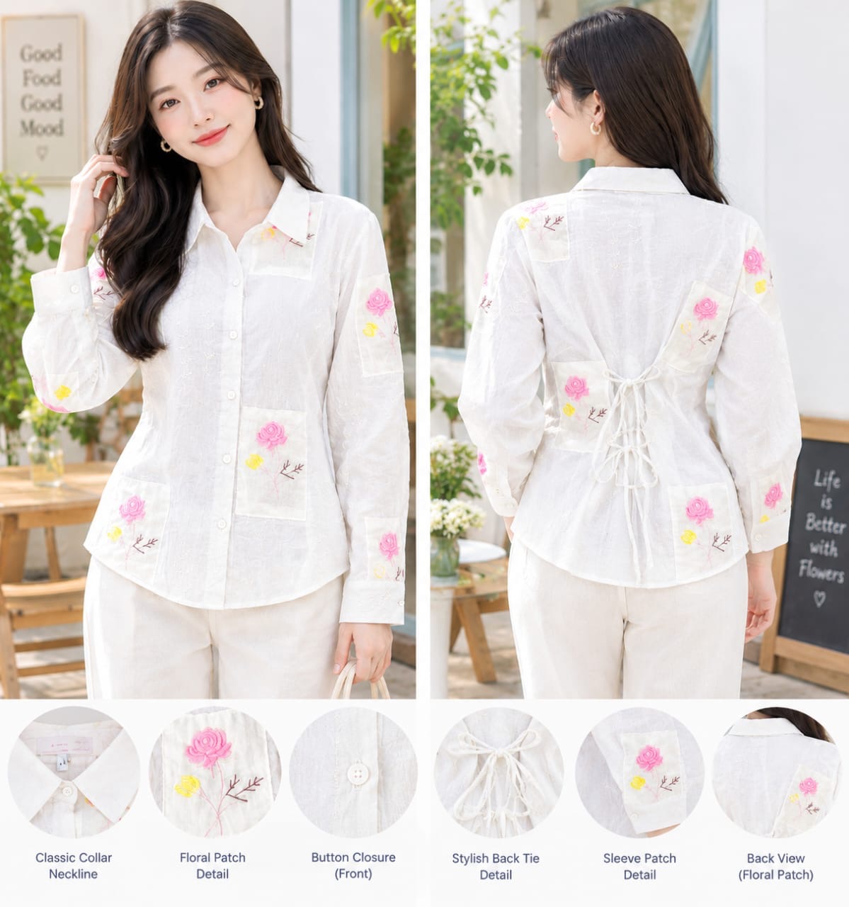 Women's Embroidered Floral Detail Casual Shirt